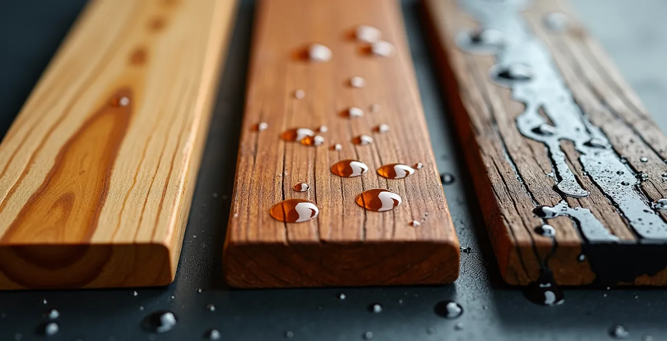 Vue comparative de trois échantillons de bois traités différemment exposés aux intempéries québécoises