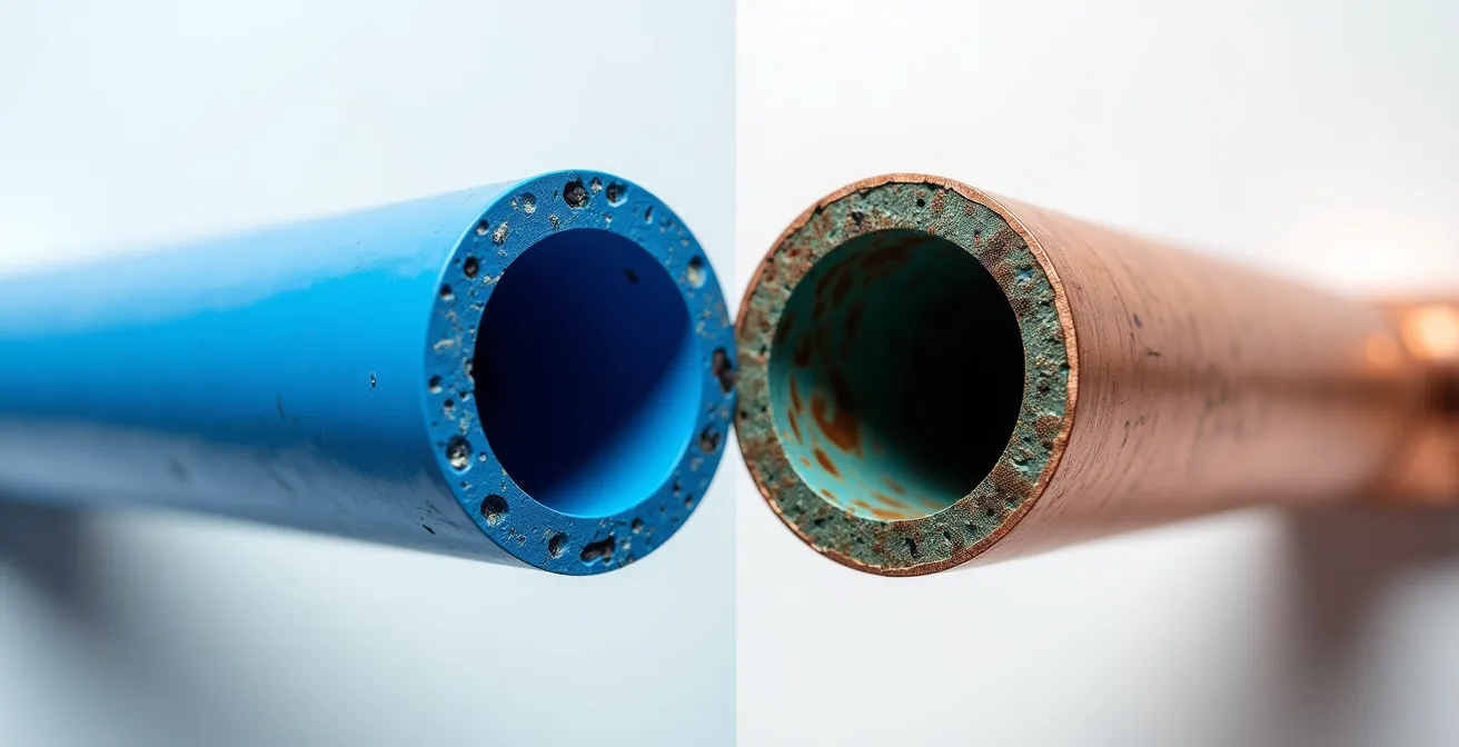 Coupe transversale montrant les différences entre tuyaux PEX et cuivre avec leurs raccords