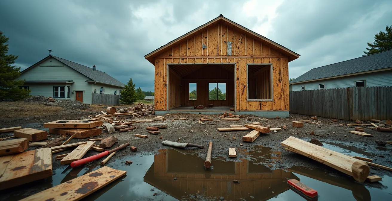 Chantier de construction résidentiel abandonné montrant les conséquences du travail au noir