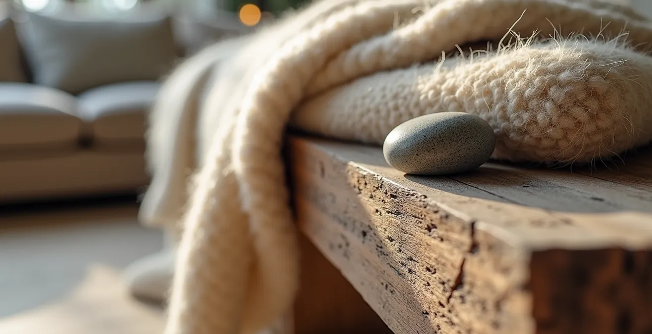 Salon aux matériaux naturels avec bois brut, pierre et textiles organiques