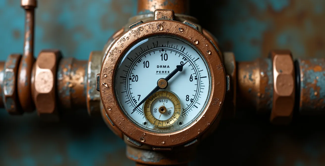 Gros plan sur un compteur d'eau résidentiel avec gouttes d'eau et tuyauterie visible