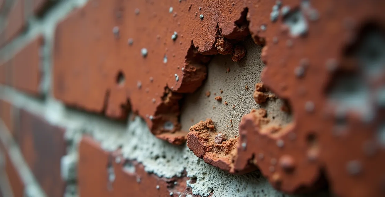 Brique éclatée par le phénomène de spalling causé par un mortier trop dur