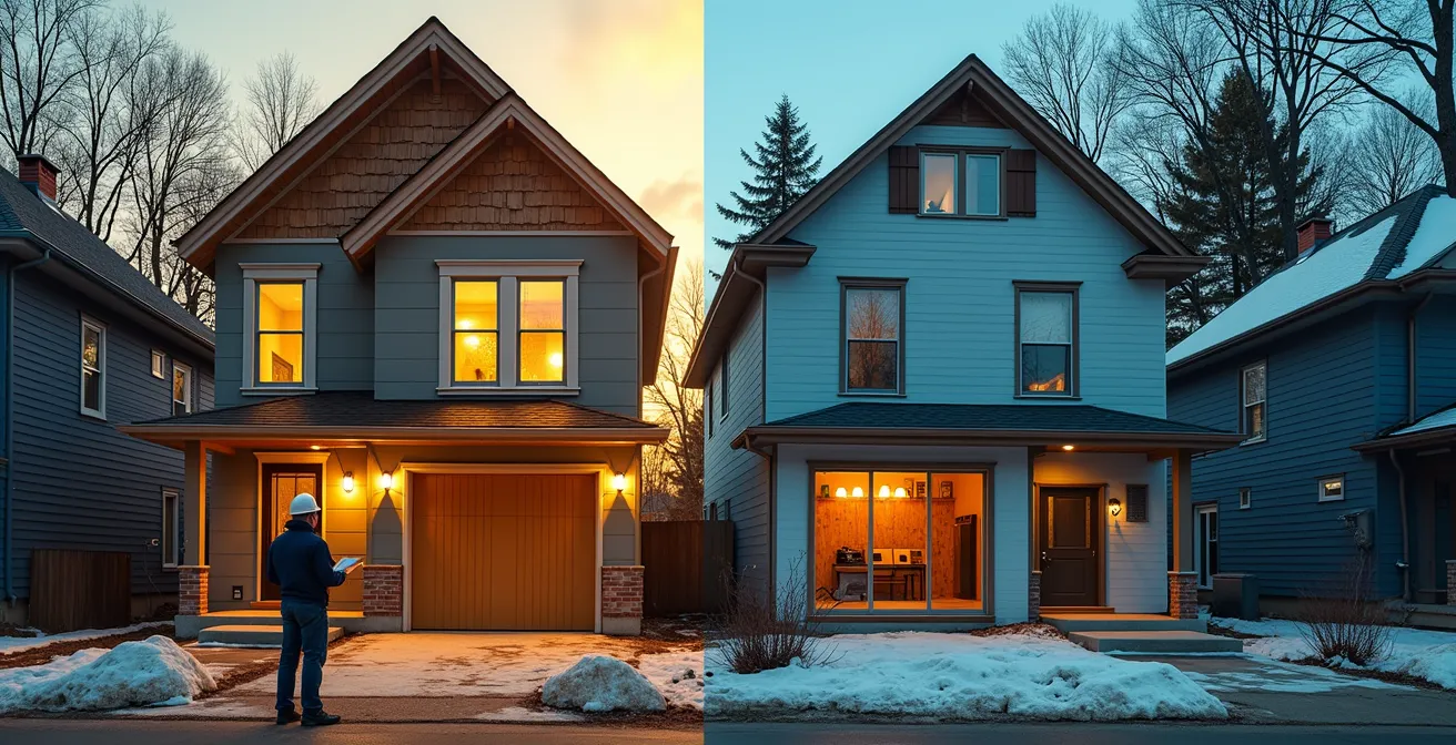 Comparaison visuelle entre construction ancienne et moderne selon les nouvelles normes du Code québécois