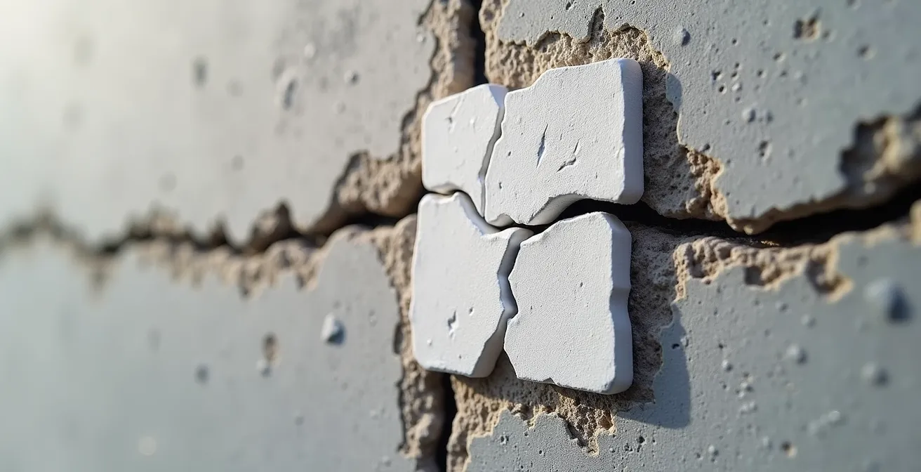 Vue macro d'un témoin en plâtre installé sur une fissure de mur avec date inscrite et mesures visibles