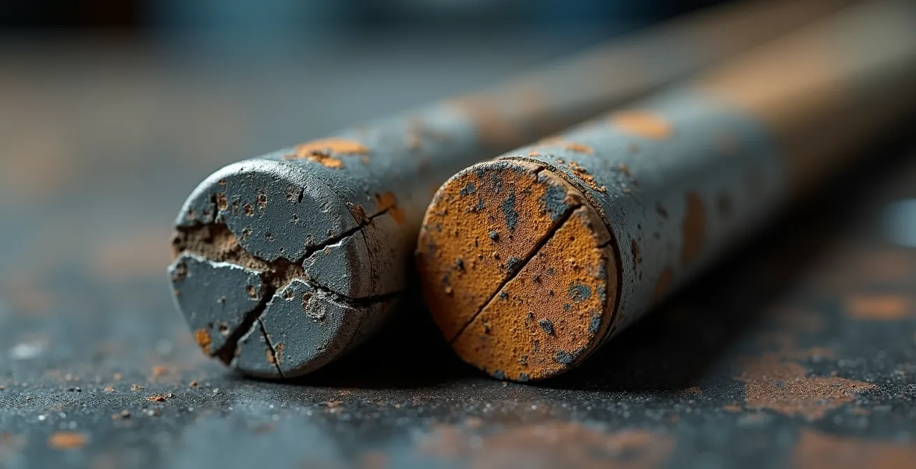 Gros plan sur l'inspection d'une anode sacrificielle de chauffe-eau montrant les signes d'usure et de corrosion.