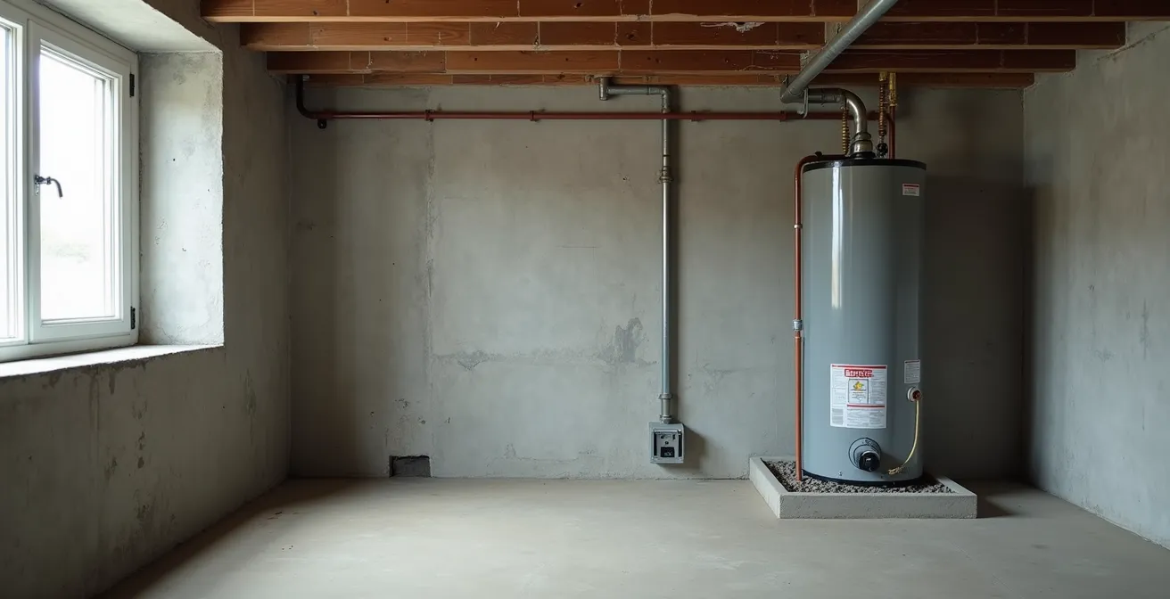 Sous-sol québécois avec chauffe-eau correctement installé incluant bac de rétention et raccordements conformes