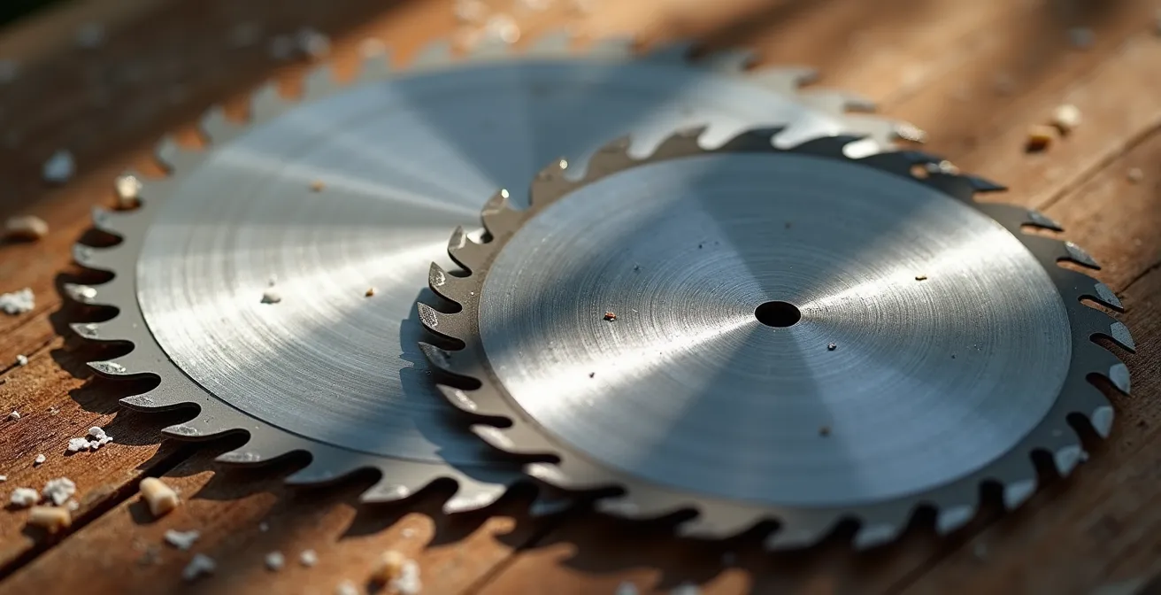 Comparaison détaillée de différentes lames de scie circulaire avec focus sur les dents et angles d'attaque