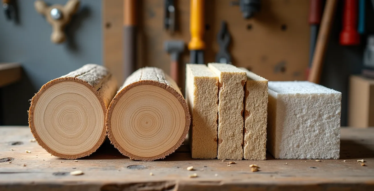 Matériaux de construction locaux du Québec disposés artistiquement incluant bois, chanvre et pierre