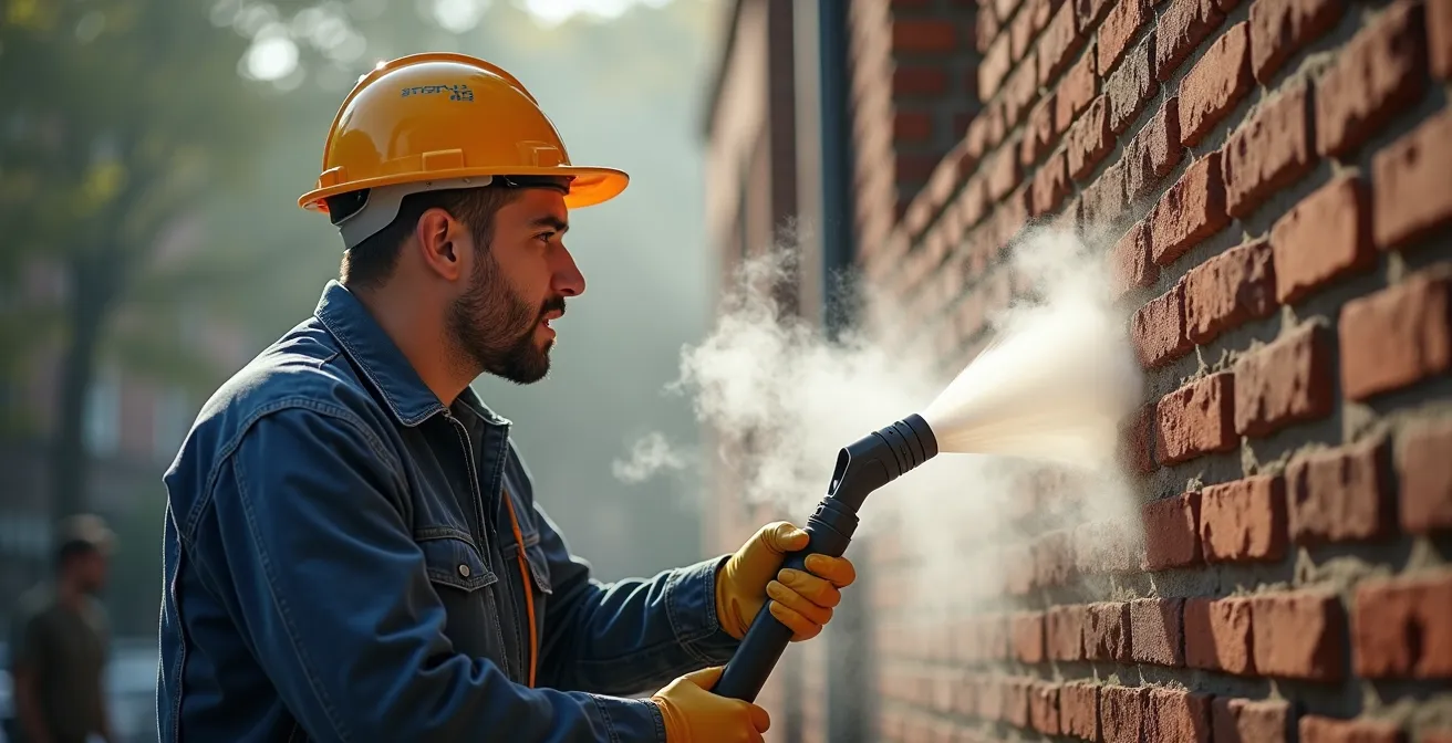 Professionnel utilisant un système de nettoyage à vapeur basse pression sur une façade de brique ancienne
