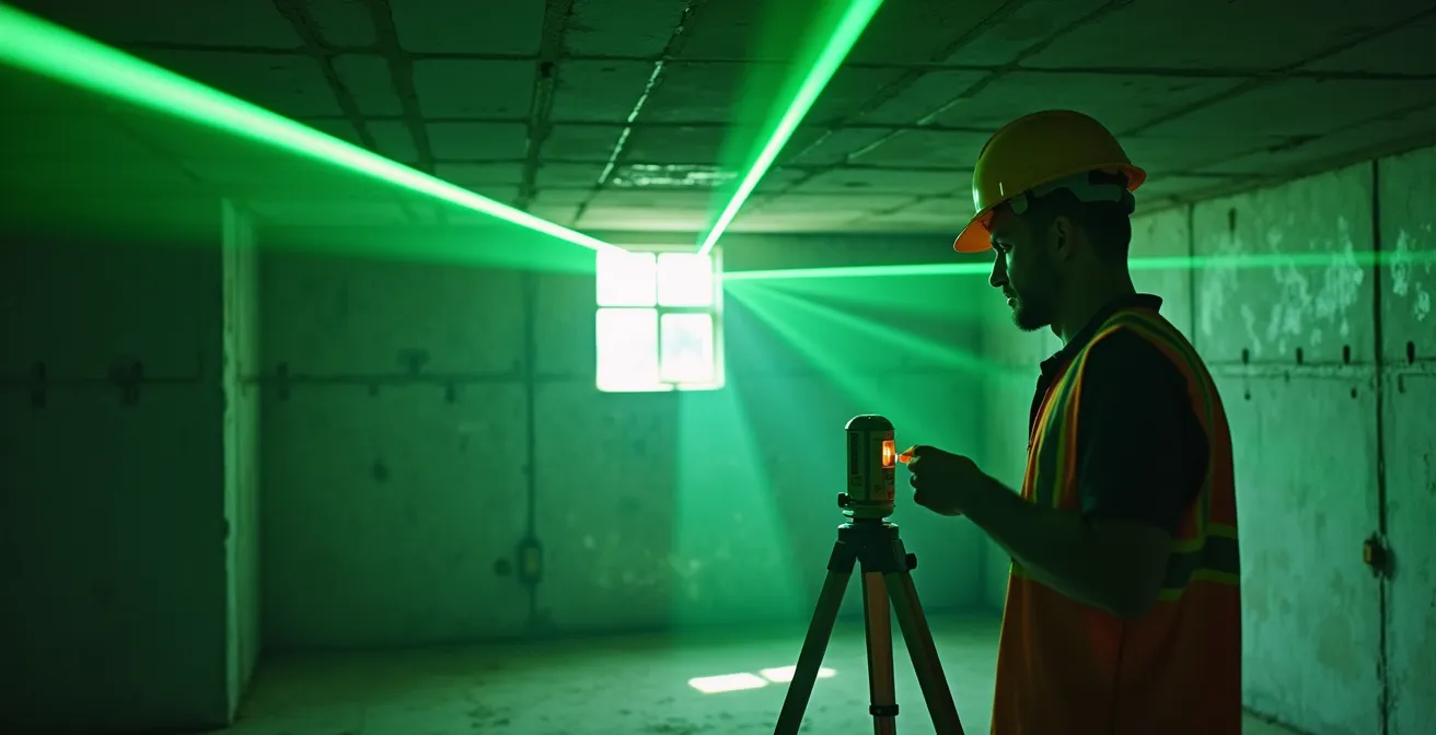 Niveau laser 360 degrés projetant des lignes vertes dans un sous-sol en rénovation