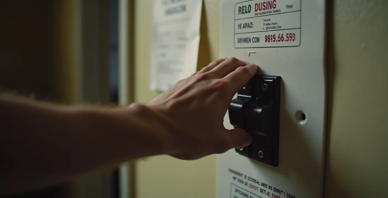 Panneau électrique résidentiel avec fiche d'urgence plastifiée affichée à côté