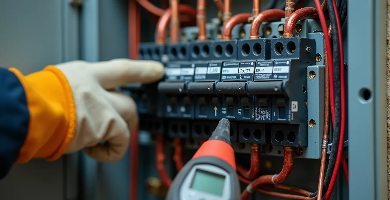 Gros plan sur panneau électrique moderne avec main d'électricien effectuant une vérification sécuritaire