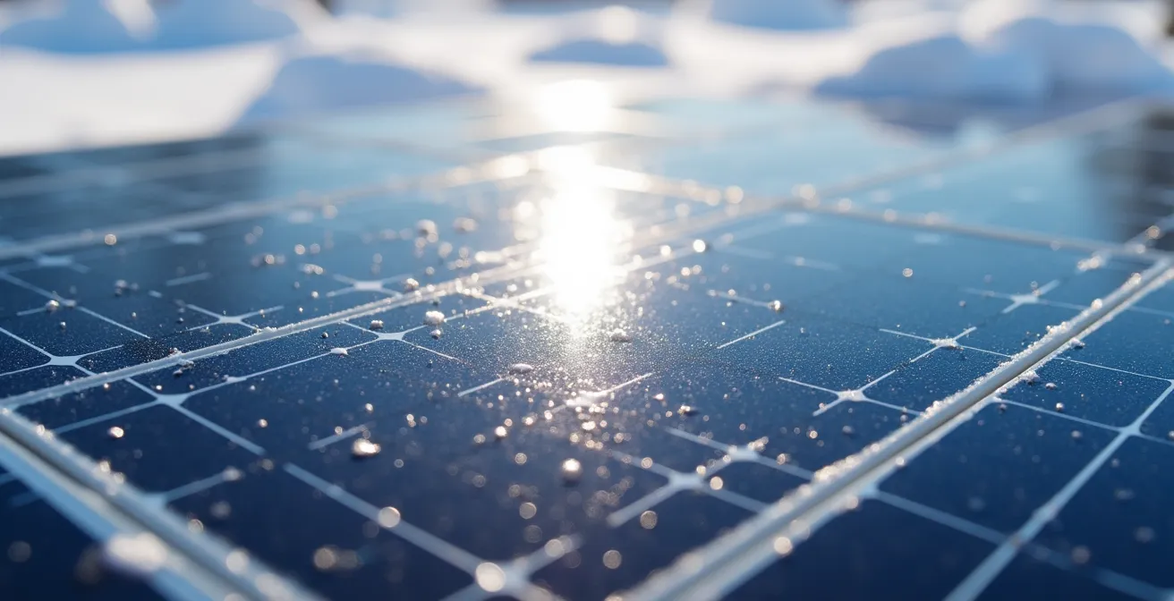 Gros plan sur des panneaux solaires bifaciaux captant la lumière réfléchie par la neige en hiver