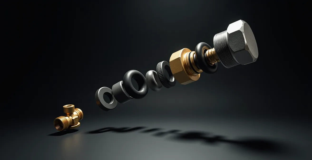 Vue éclatée des petites pièces critiques en plomberie avec focus sur les raccords et valves