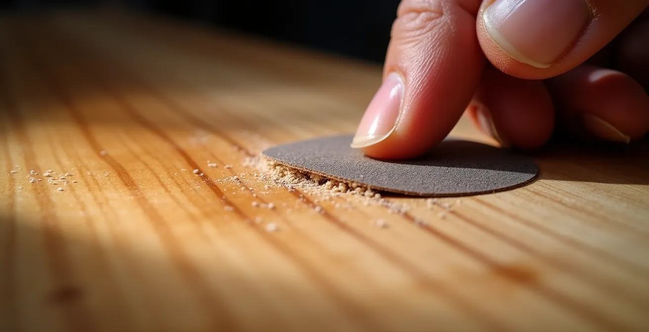 Vue macro du ponçage délicat entre deux couches de vernis sur bois d'érable avec papier grain fin