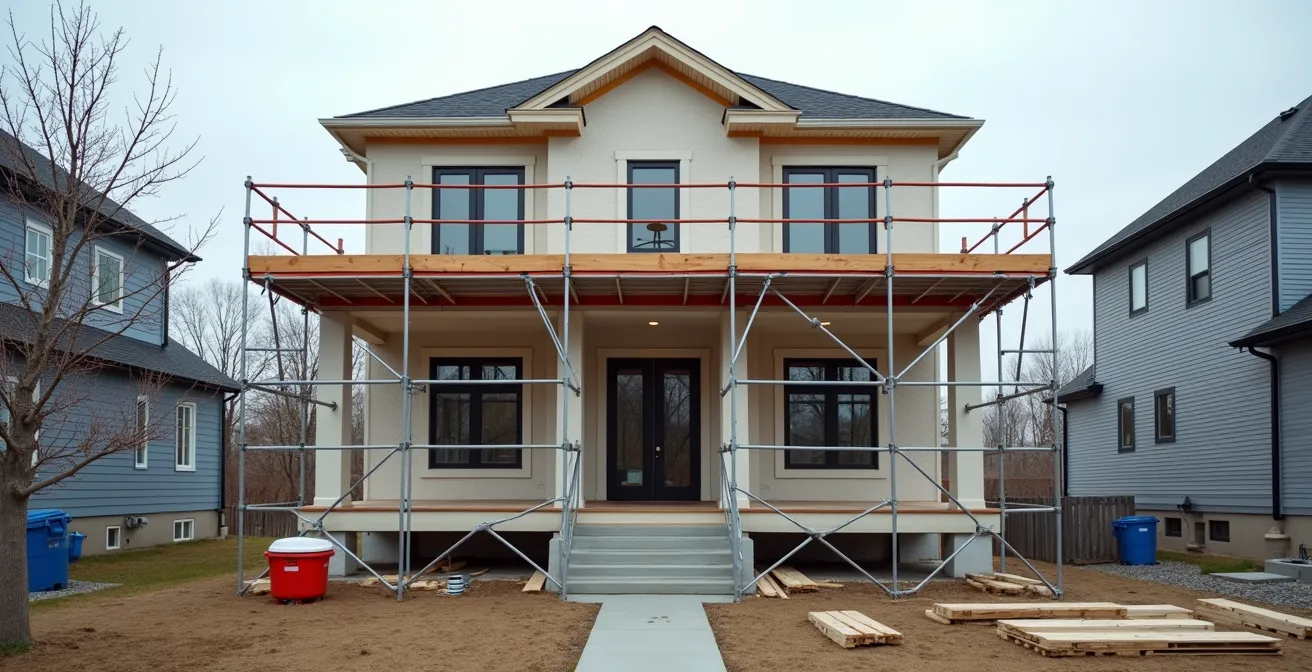 Vue large d'une maison québécoise en rénovation avec équipement de sécurité professionnel visible
