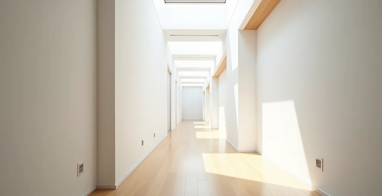 Vue en coupe d'un puits de lumière tubulaire installé dans un corridor intérieur