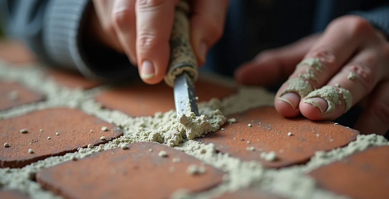 Maçon effectuant un rejointoiement précis avec application de mortier à la chaux sur un mur de brique ancien