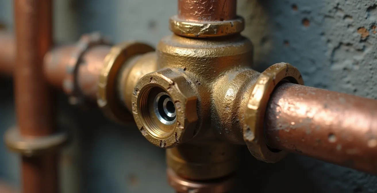 Vue en coupe d'un dispositif anti-refoulement installé sur une tuyauterie résidentielle avec détails techniques visibles