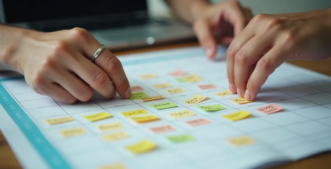 Vue de dessus d'un bureau avec tableaux de planification et calendriers pour l'entretien de maison