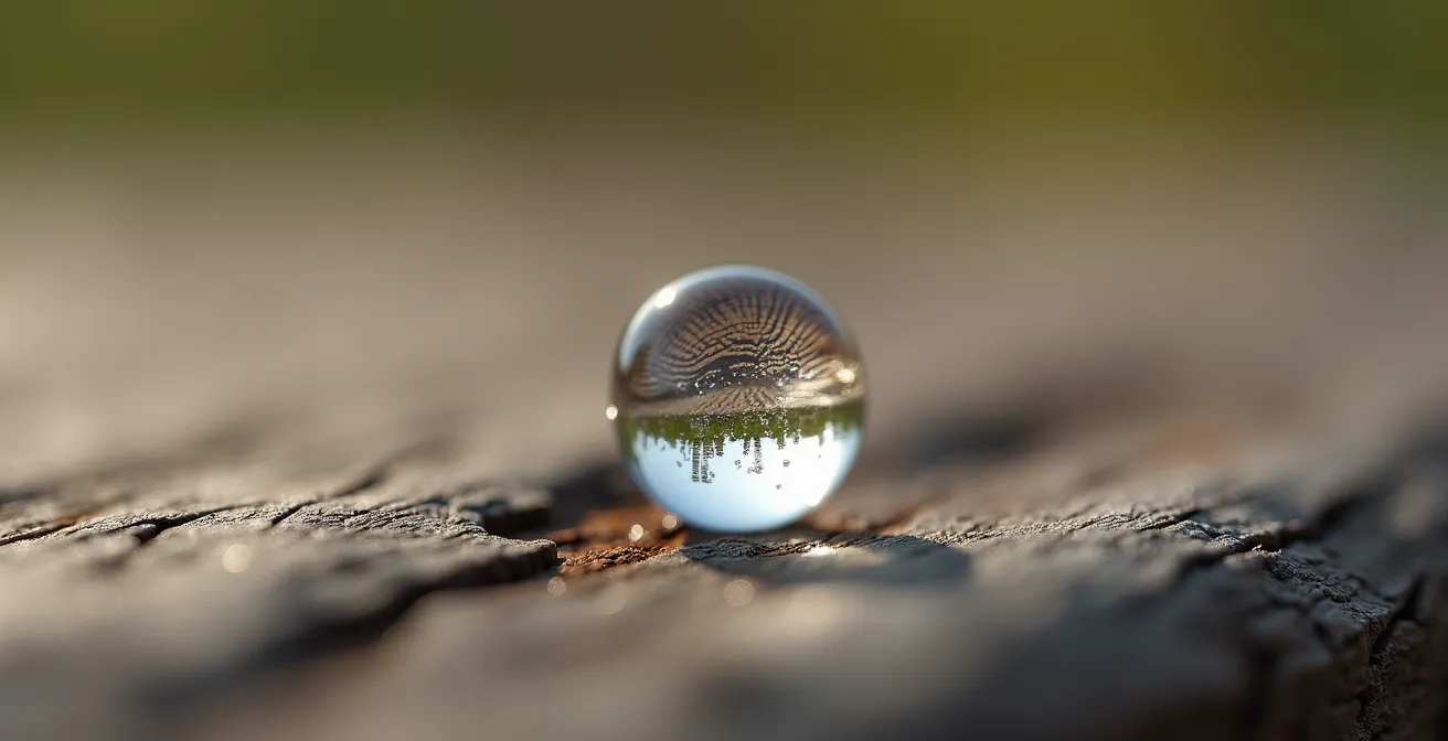 Gros plan macro sur une goutte d'eau formant une perle sur une planche de cèdre