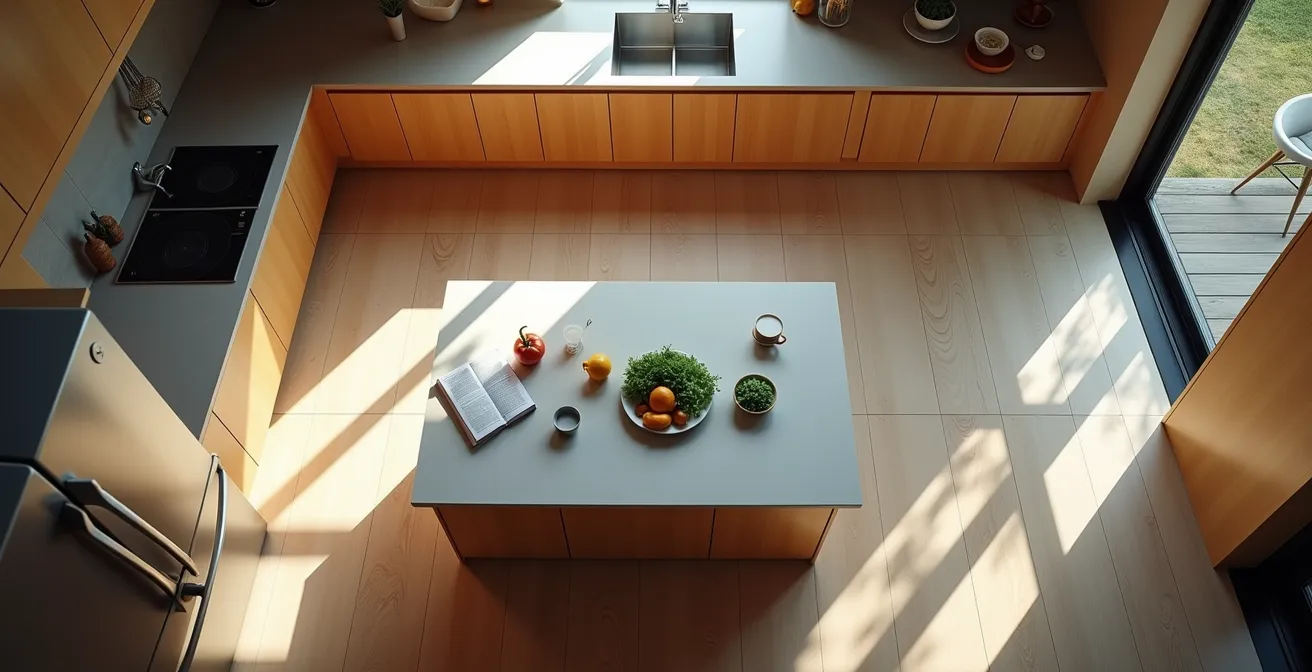 Vue aérienne d'une cuisine montrant le triangle d'activité entre les zones de travail