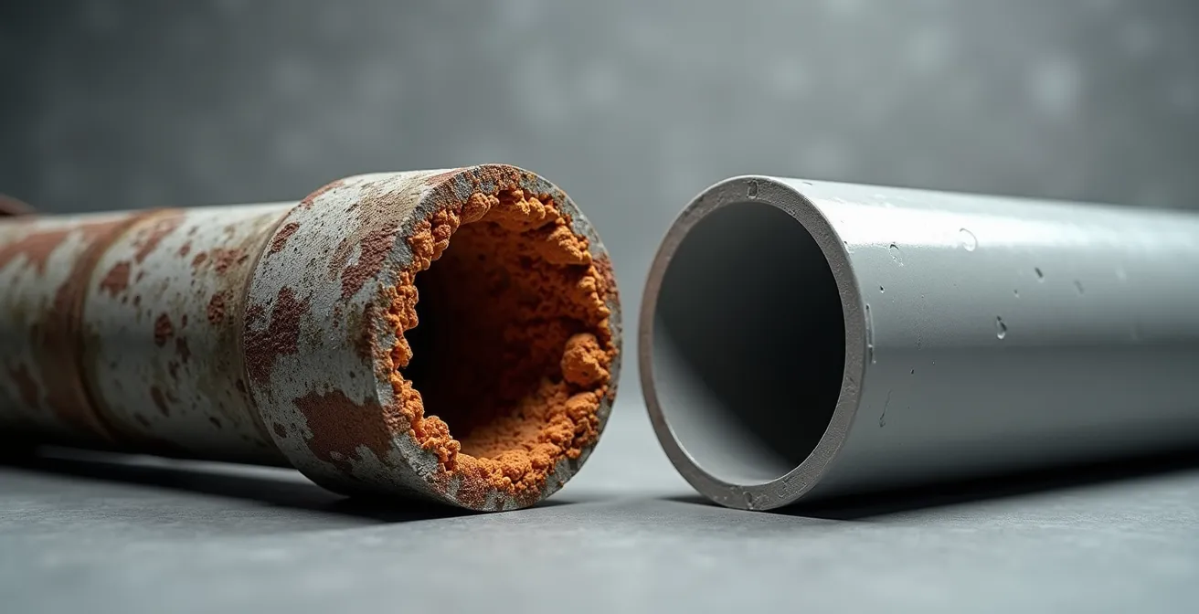 Comparaison en coupe d'un tuyau en fonte ancien avec accumulation de débris versus un tuyau moderne en PVC propre et lisse.