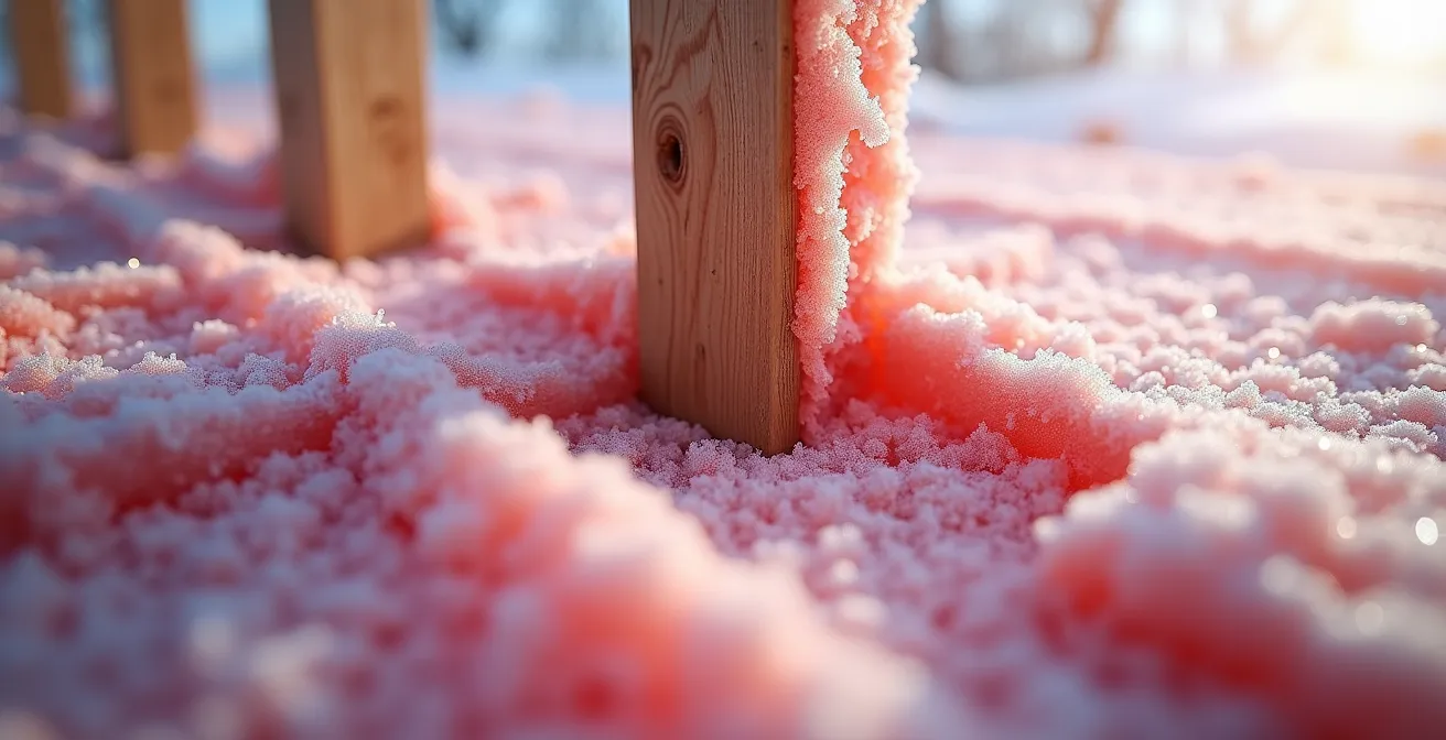 Coupe d'un mur québécois montrant le pontage thermique à travers les montants de bois