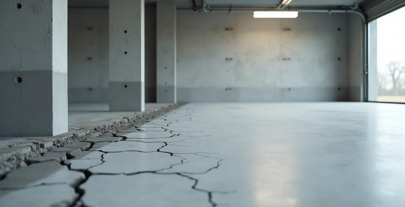 Vue en coupe montrant la progression des micro-fissures dans le béton sous l'effet des cycles gel-dégel répétés