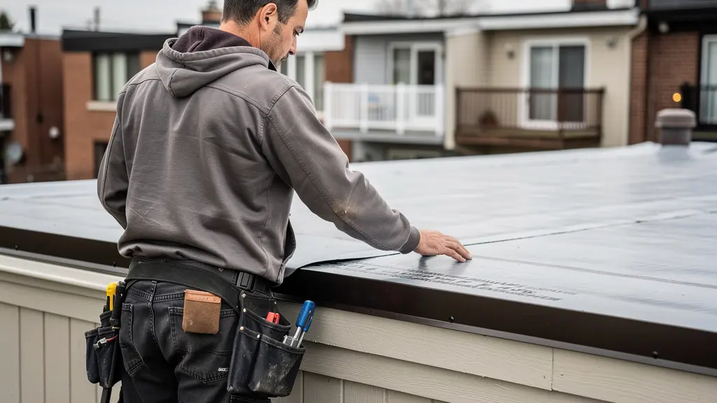 Couvreur québécois inspectant une membrane élastomère sur un toit plat résidentiel à Montréal