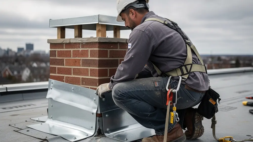 Couvreur professionnel inspectant solin autour cheminée sur toit plat