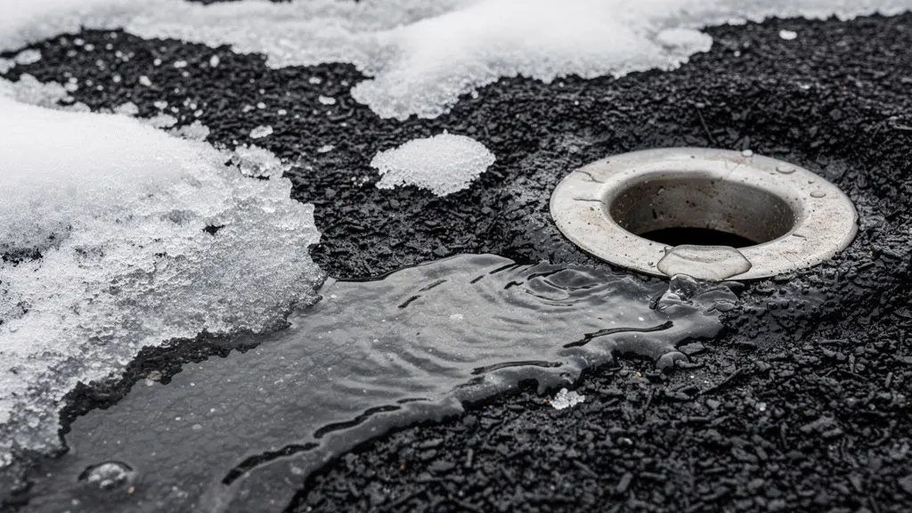 Surface membrane élastomère noire avec neige fondante et eau s'écoulant