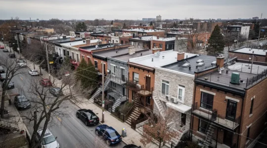 Vue aérienne des toits plats caractéristiques des duplex et triplex montréalais dans un quartier résidentiel