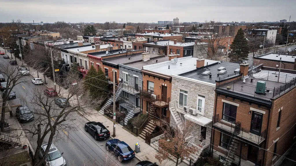 Vue aérienne des toits plats caractéristiques des duplex et triplex montréalais dans un quartier résidentiel