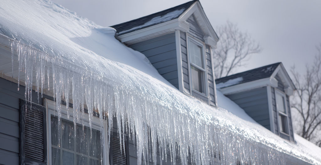 Barrage de glace en bordure de toit avec stalactites sur maison résidentielle au Québec