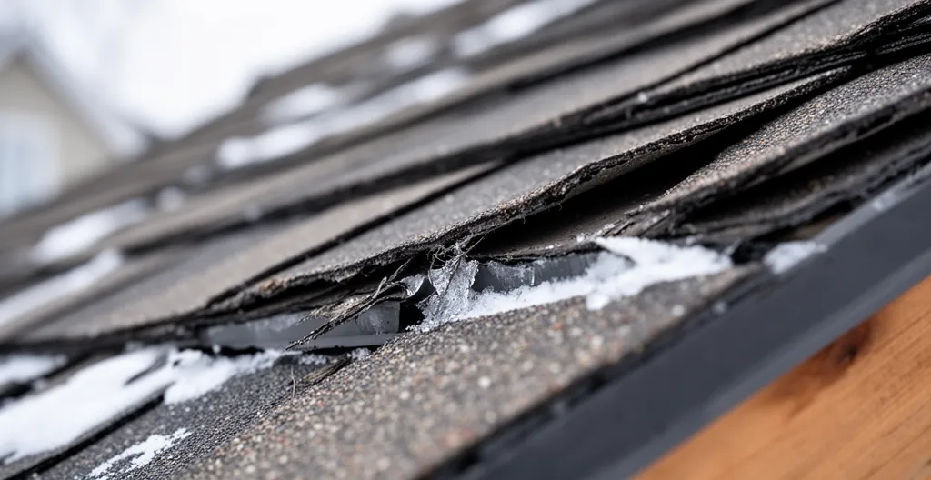 Bardeaux d'asphalte soulevés et endommagés sur toiture résidentielle québécoise après tempête