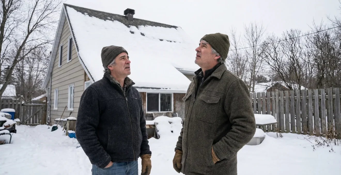 Propriétaire québécois observant sa toiture enneigée dans Charlevoix, signes couvreur nécessaire