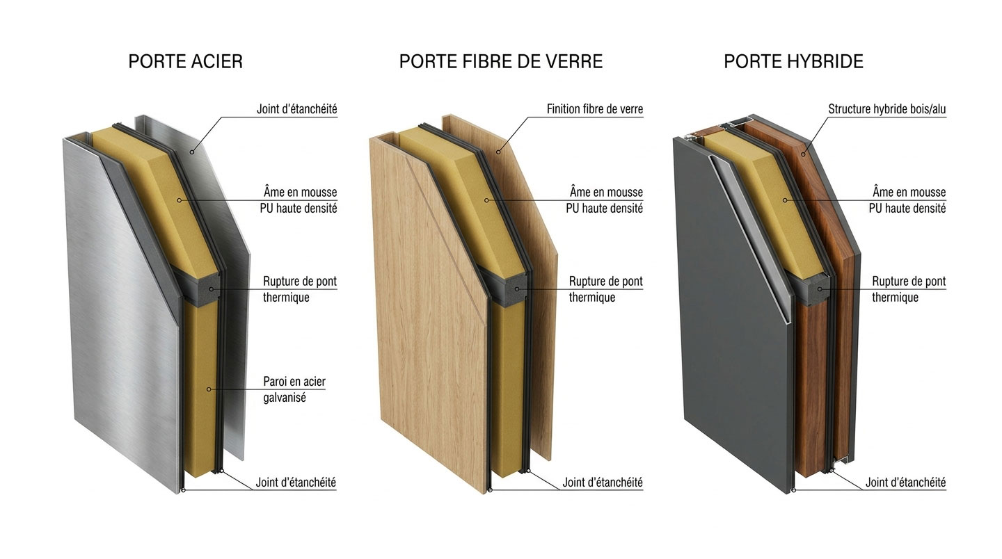 Illustration 3D en vue éclatée de trois types de portes d'entrée (acier, fibre de verre, hybride) montrant en coupe leurs couches internes et matériaux isolants avec annotations en français