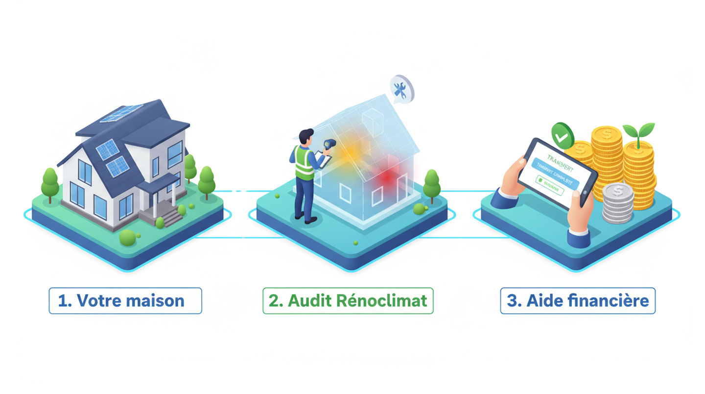 Schéma en trois étapes illustrant le parcours d'accès aux subventions : maison, audit énergétique Rénoclimat, aide financière jusqu'à 5000 dollars canadiens, avec texte en français