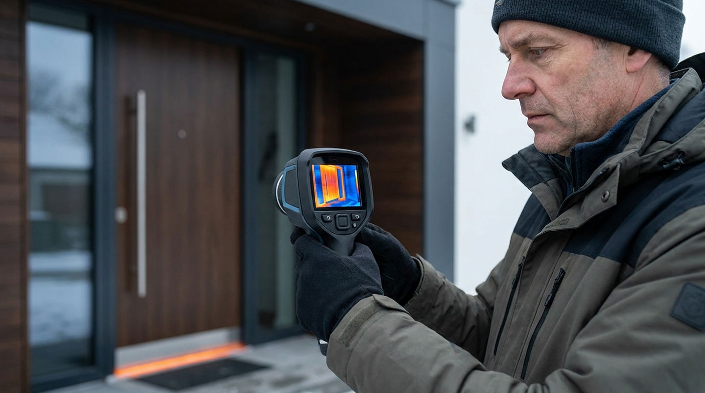 Simulation d'imagerie thermique infrarouge d'une porte d'entrée vue de l'intérieur montrant en bleu les zones bien isolées et en rouge-orange les fuites thermiques au niveau du seuil et du cadre, avec légende en français