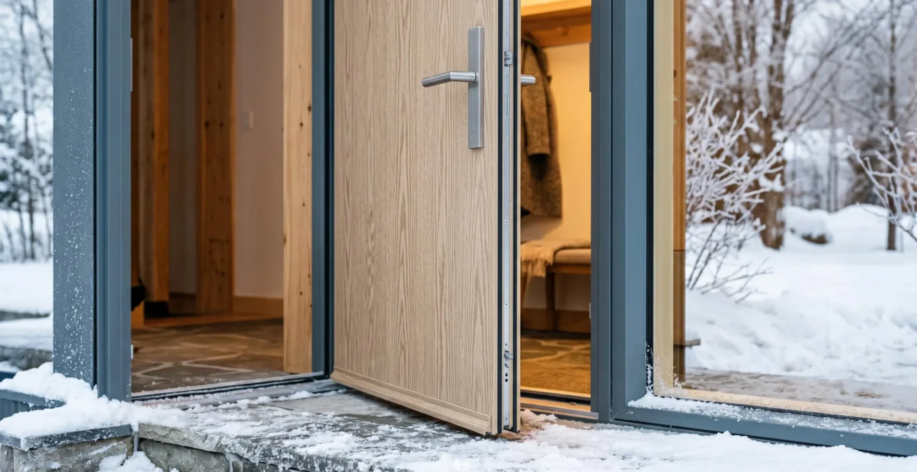 Gros plan d'une porte d'entrée moderne en fibre de verre entrouverte révélant son épaisseur isolante, avec contraste entre lumière chaude intérieure et paysage hivernal enneigé en arrière-plan flou