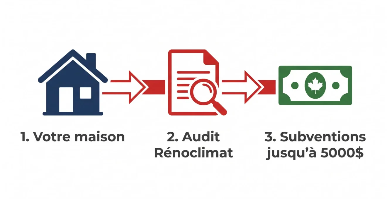 Schéma en trois étapes illustrant le parcours d'accès aux subventions : maison, audit énergétique Rénoclimat, aide financière jusqu'à 5000 dollars canadiens, avec texte en français