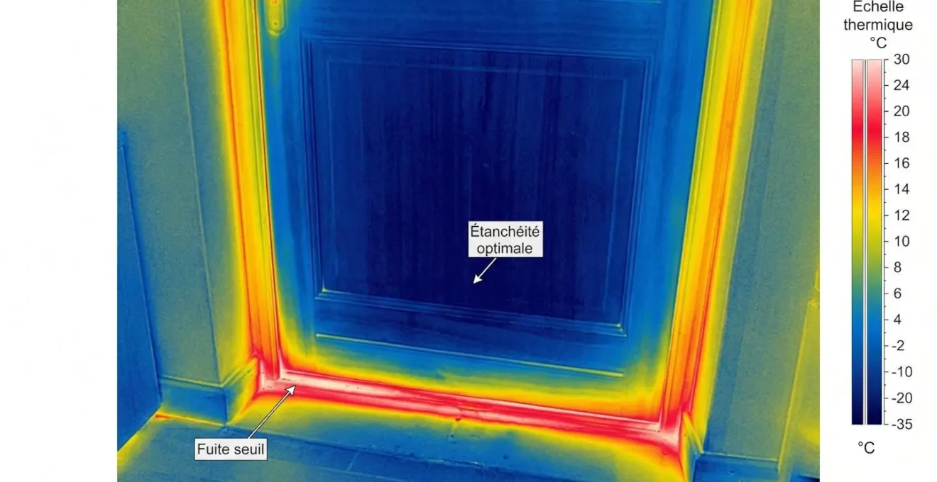 Simulation d'imagerie thermique infrarouge d'une porte d'entrée vue de l'intérieur montrant en bleu les zones bien isolées et en rouge-orange les fuites thermiques au niveau du seuil et du cadre, avec légende en français