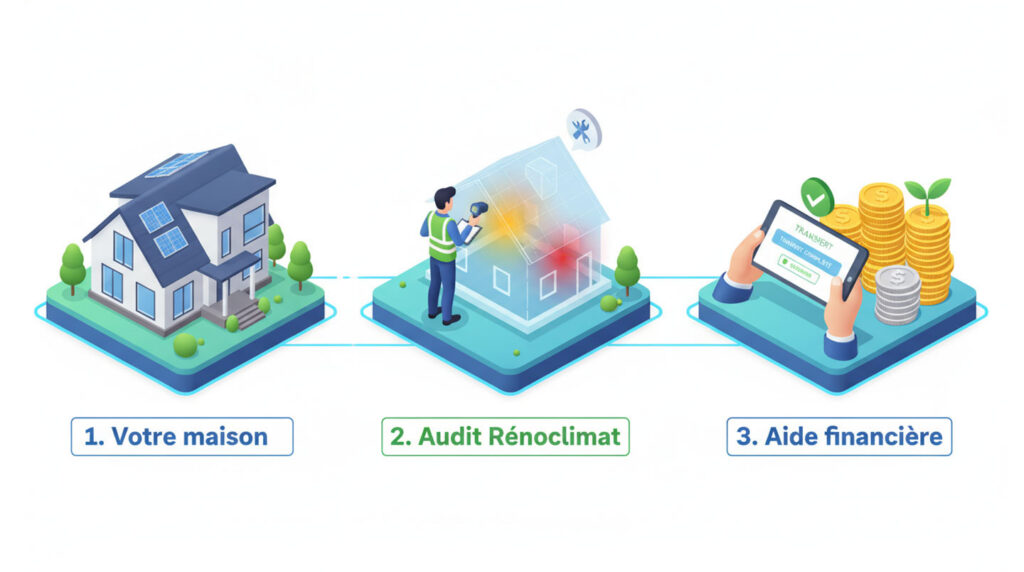 Schéma en trois étapes illustrant le parcours d'accès aux subventions : maison, audit énergétique Rénoclimat, aide financière jusqu'à 5000 dollars canadiens, avec texte en français Schéma en trois étapes illustrant le parcours d'accès aux subventions : maison, audit énergétique Rénoclimat, aide financière jusqu'à 5000 dollars canadiens, avec texte en français